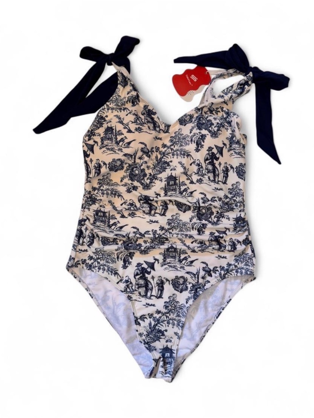 Womens Navy Toile One-Piece Swimsuit with Shoulder Ties